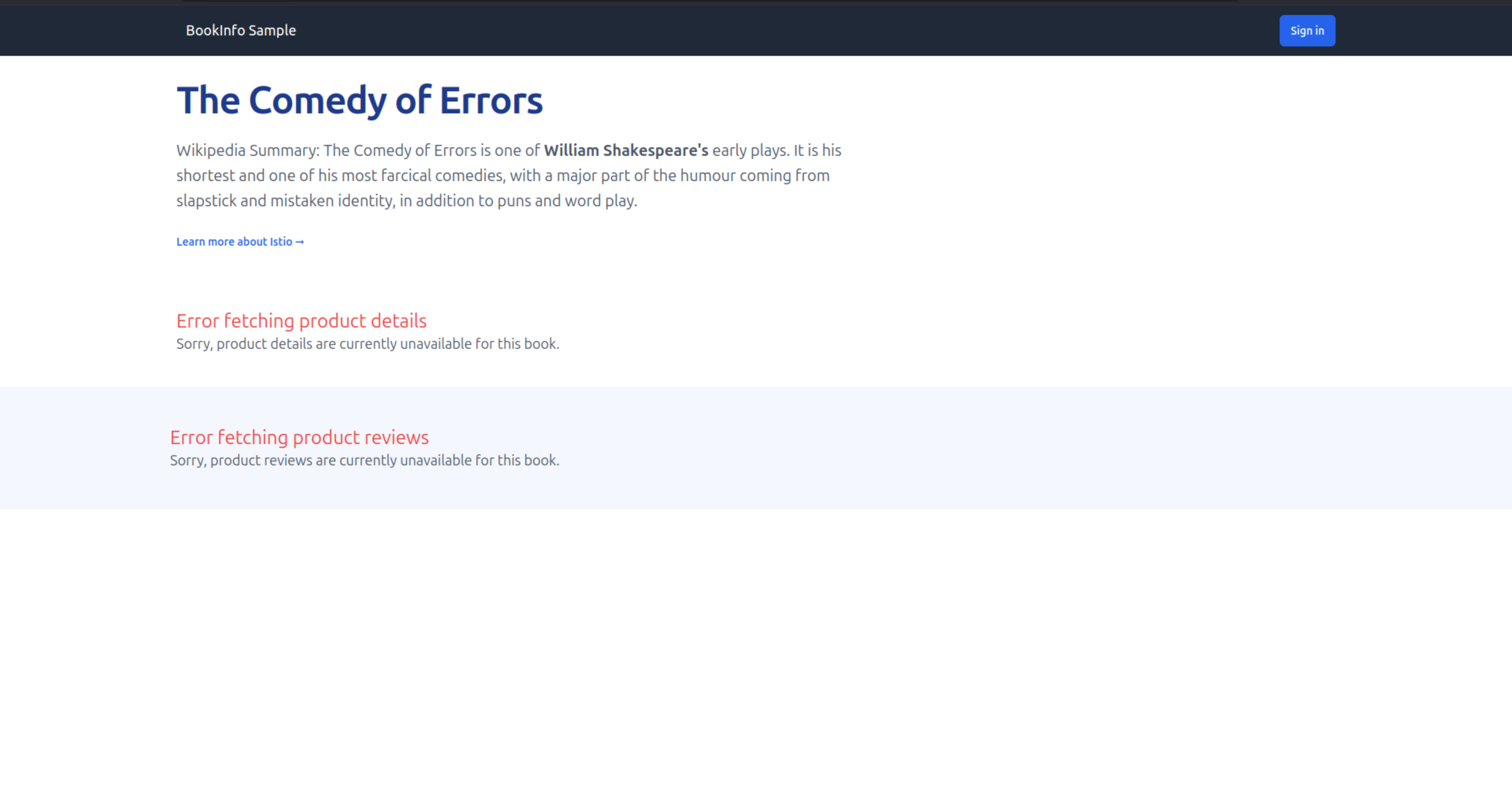 Bookinfo application with authorization error